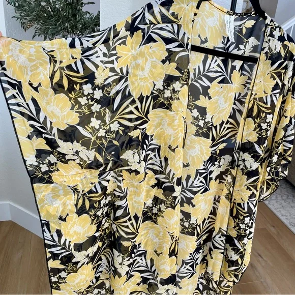 NWT Per Seption Concept Floral Kimono Cardigan XL Yellow Black Open Front Boho - Picture 5 of 9
